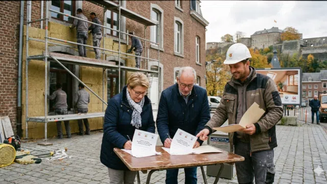 personnes en train de signer son contrat d'isolation et ses aides de travaux de la ville de Namur