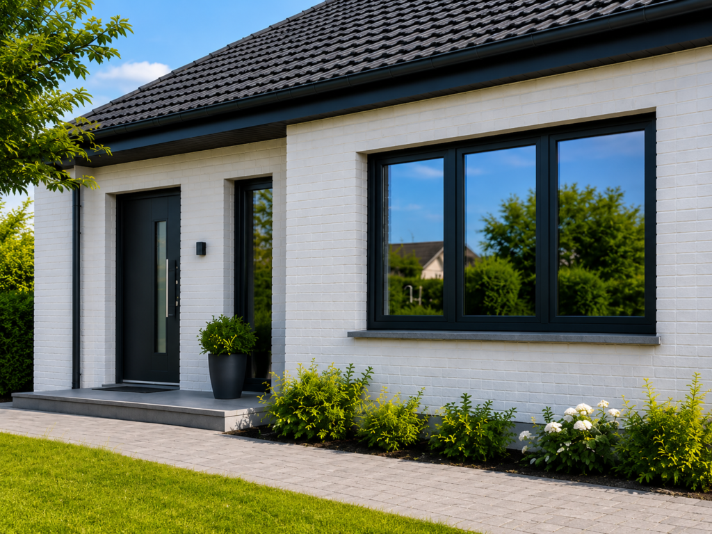 Façade d'une maison moderne avec châssis PVC gris anthracite et porte d'entrée en Wallonie