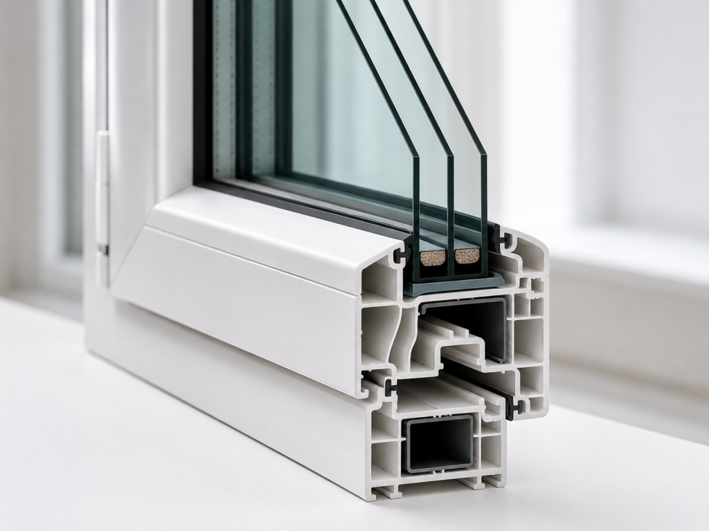 Coupe technique d'un châssis PVC blanc avec triple vitrage haute performance énergétique