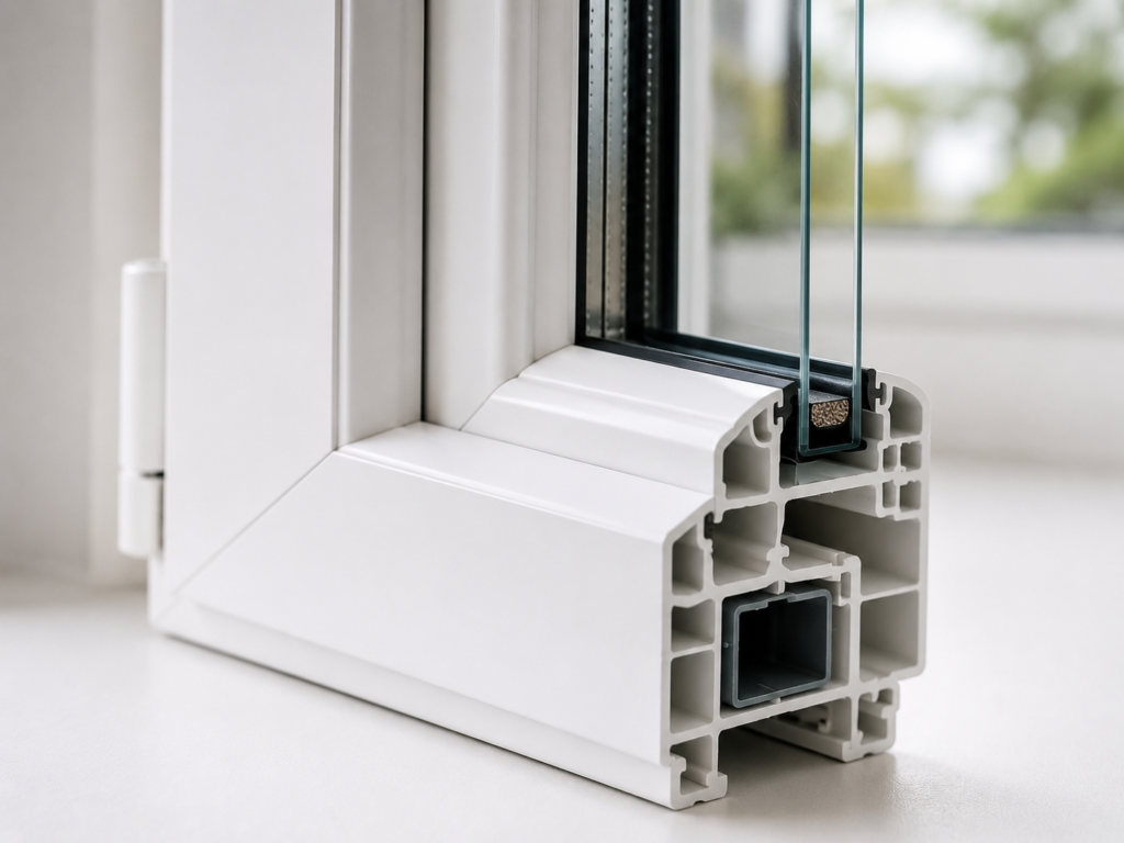 Coupe technique d'un profilé de châssis PVC blanc montrant les chambres d'isolation et le double vitrage