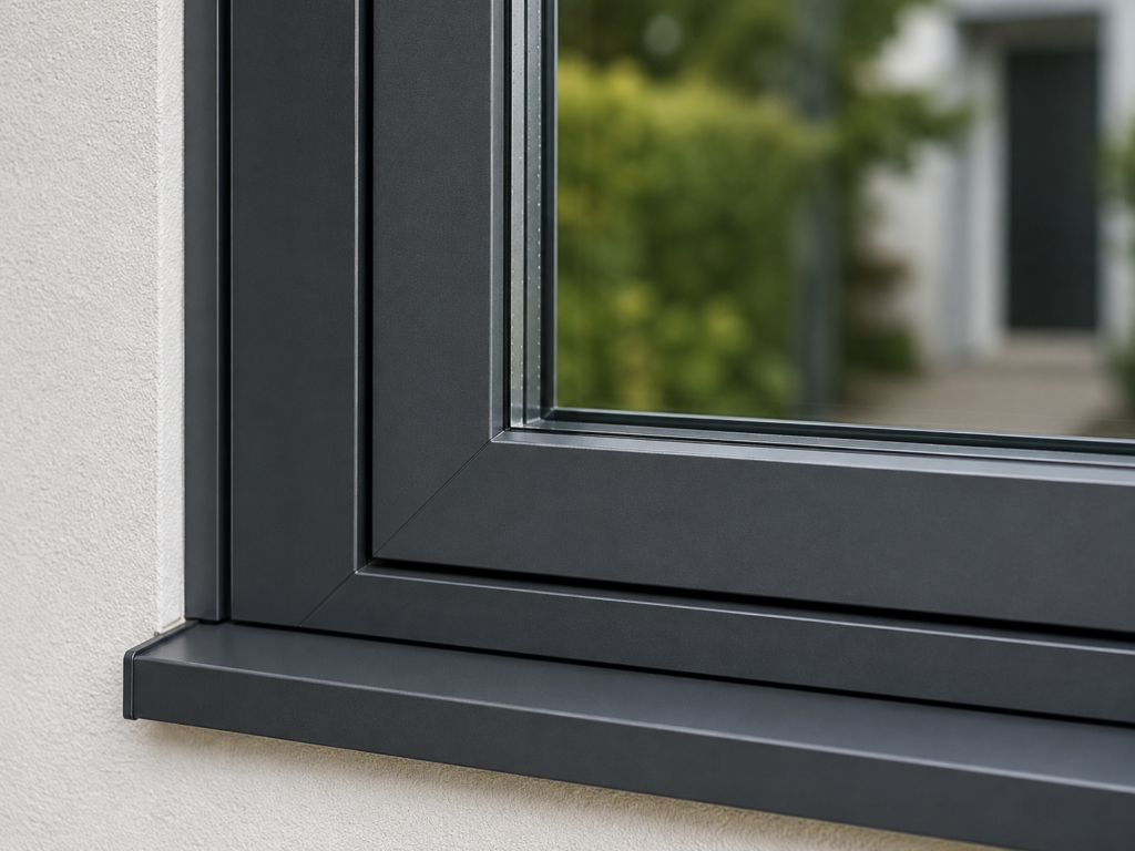 Gros plan d'un châssis aluminium gris anthracite design et performant installé en Wallonie