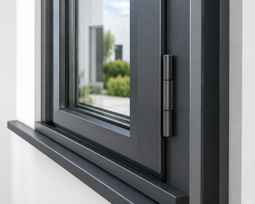 Châssis aluminium gris anthracite oscillo-battant avec détail de la paumelle, design moderne en Wallonie