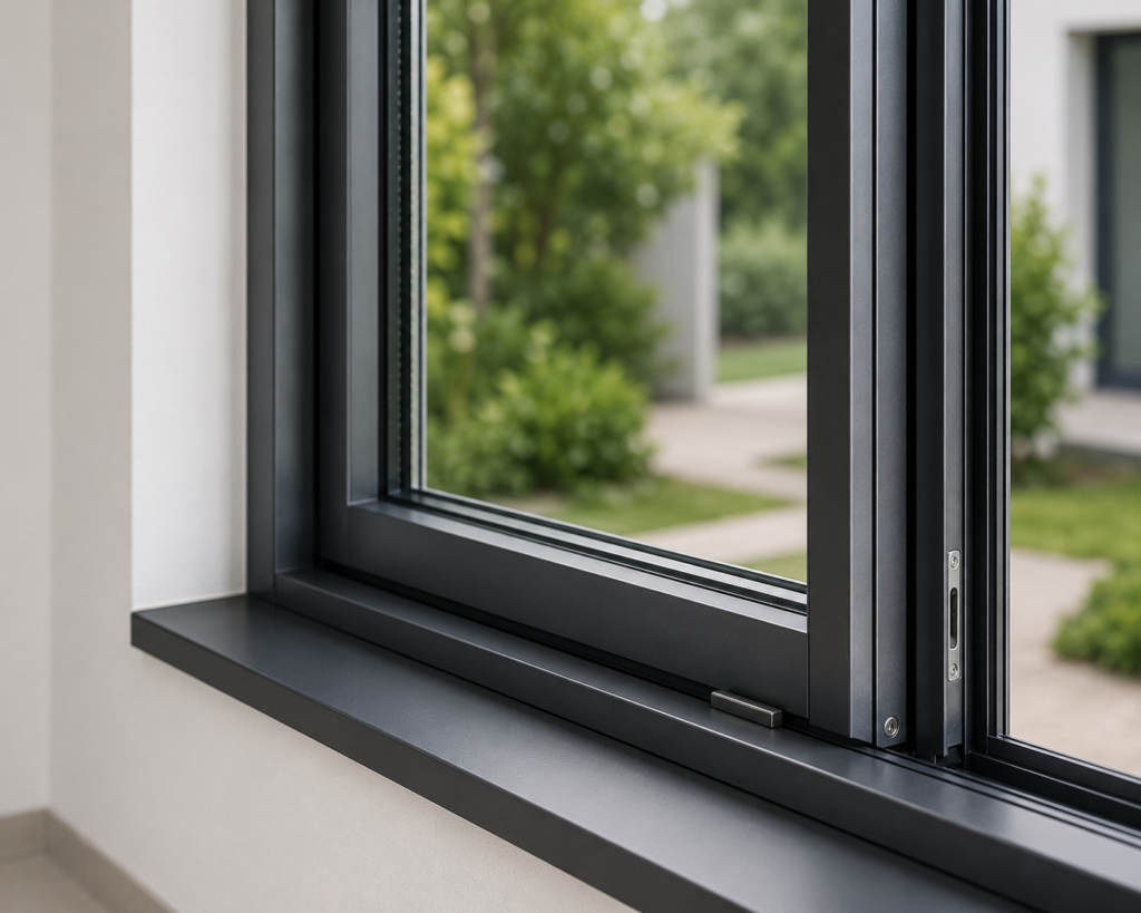 Fenêtre en aluminium gris anthracite entrouverte vue de l'intérieur donnant sur un jardin en Wallonie